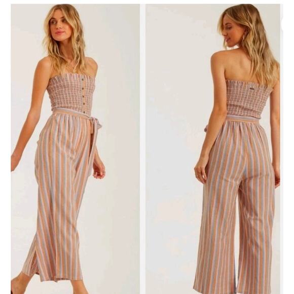 Billabong Jumpsuit Womens Small Striped Strapless Smocked Wide Leg Belted Boho - Picture 1 of 9